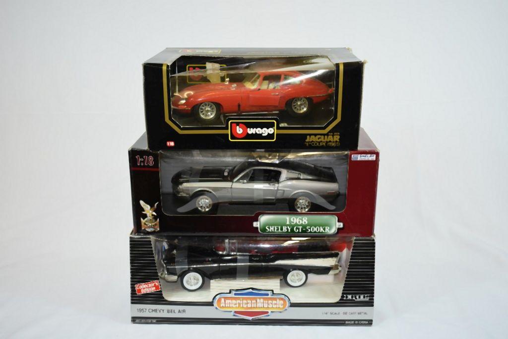 (3) 1/18" SCALE DIE CAST COLLECTORS CARS IN BOXES;