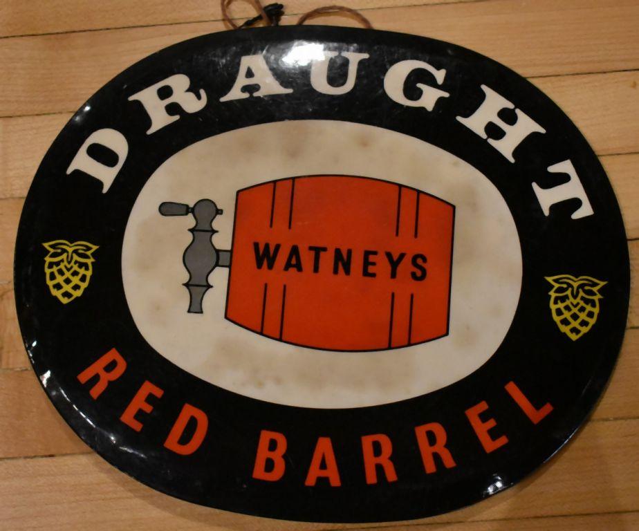 WATNEYS DRAUGHT RED BARREL BEER SIGN, 6 1/8" x 7 1/2"