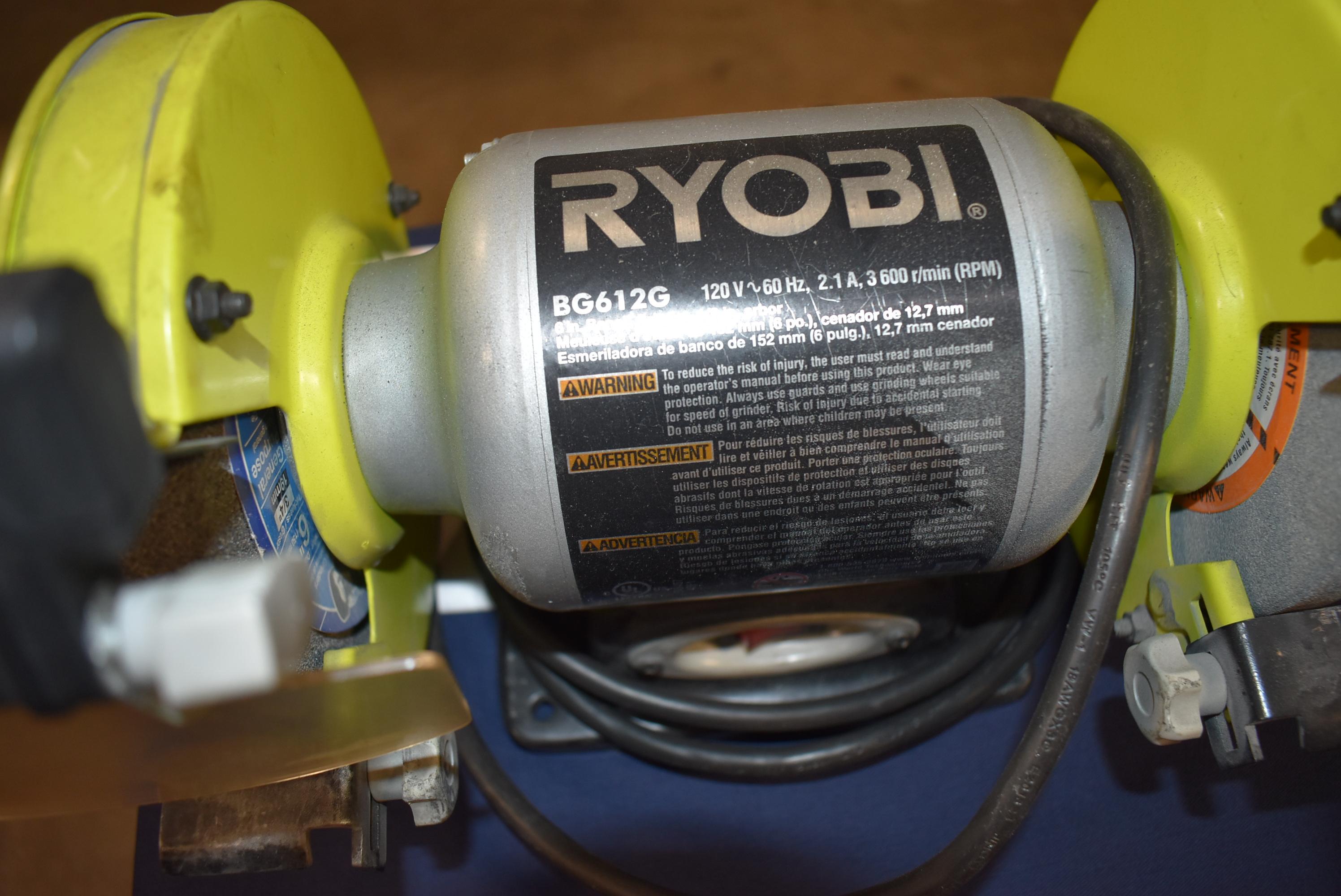 RYOBI BG612G 6" BENCH GRINDER, 1/2" ARBOR, 120V,