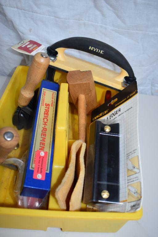 TOTE WITH HAND JOINTER, SCRAPERS, SANDING PAD, ETC.