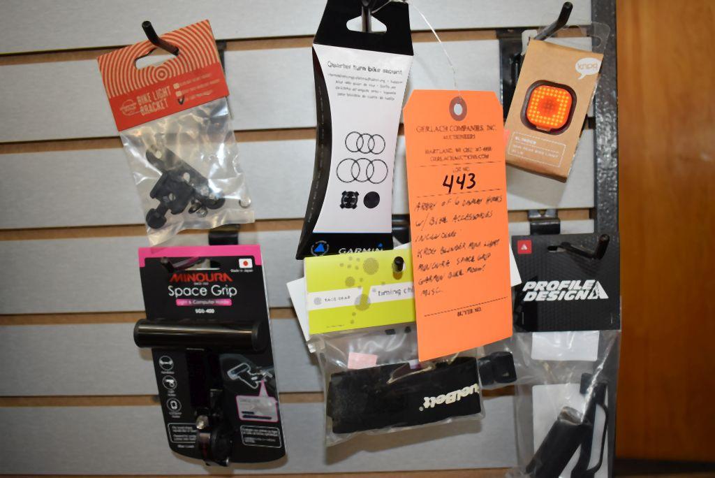 ARRAY OF (6) DISPLAY HOOKS WITH BIKE ACCESSORIES