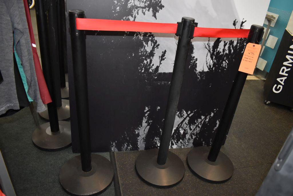 (3) STANCHIONS WITH RED RETRACTABLE BELTS