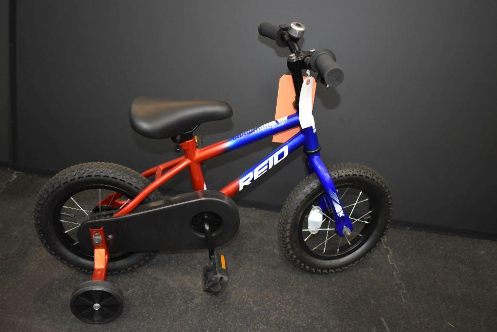 REID BOY BIKE: RED/BLUE, EXPLORER, 12" WITH TRAINING WHEELS