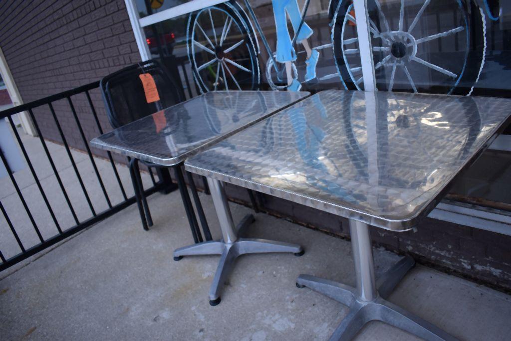 (4) MESH METAL PATIO CHAIRS WITH TWO PEDESTAL TABLES,