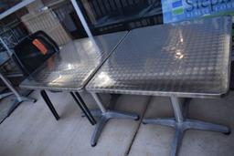 (4) MESH METAL PATIO CHAIRS WITH TWO PEDESTAL TABLES,