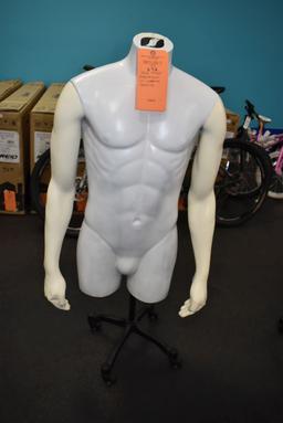 MALE TORSO MANNEQUIN ON WHEELED PEDESTAL