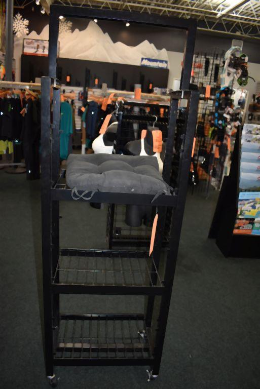 THREE SHELF BLACK METAL DISPLAY CART ON 2" LOCKABLE CASTERS,