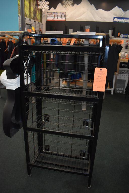 FOUR SHELF METAL DISPLAY RACK WITH TILTING SHELVES,