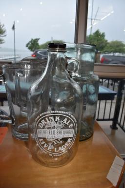 (5) PIECES OF GLASSWARE; PITCHERS, BOTTLE AND CARAFFE