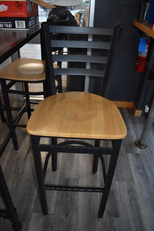 TABLE WITH METAL BASE AND WOOD TOP AND (2) BAR STOOLS,