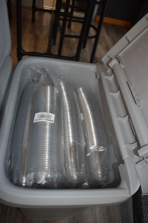 (2) GRAY BINS WITH MISC. PAPER PRODUCTS, CUPS AND
