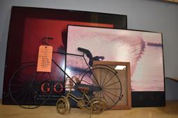 (5) DECORATIVE ITEMS; BRASS BIKE, BLACK METAL BIKE