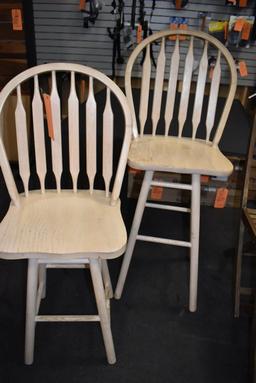 (2) WOOD STOOLS WITH BACKS, 30" AND 25"