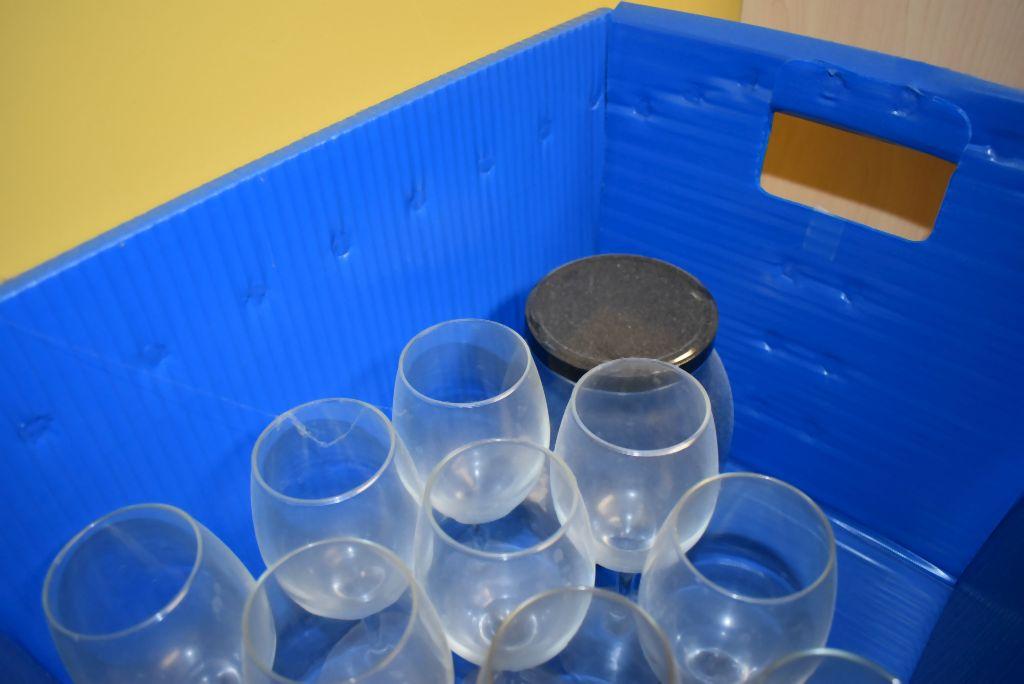 ITEMS ON TOP OF FILE CABINET; GLASSES, LABELS,