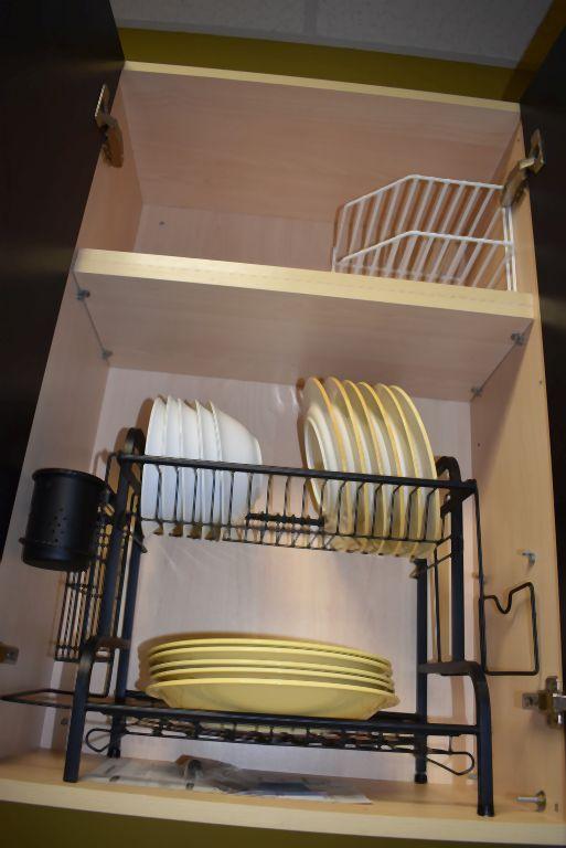 CONTENTS IN THIS CABINET; ASSORTED DISHES AND STAND