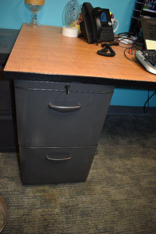 DESK WITH LOWER GRAY DRAWERS, UPPER WOODGRAIN TOP,