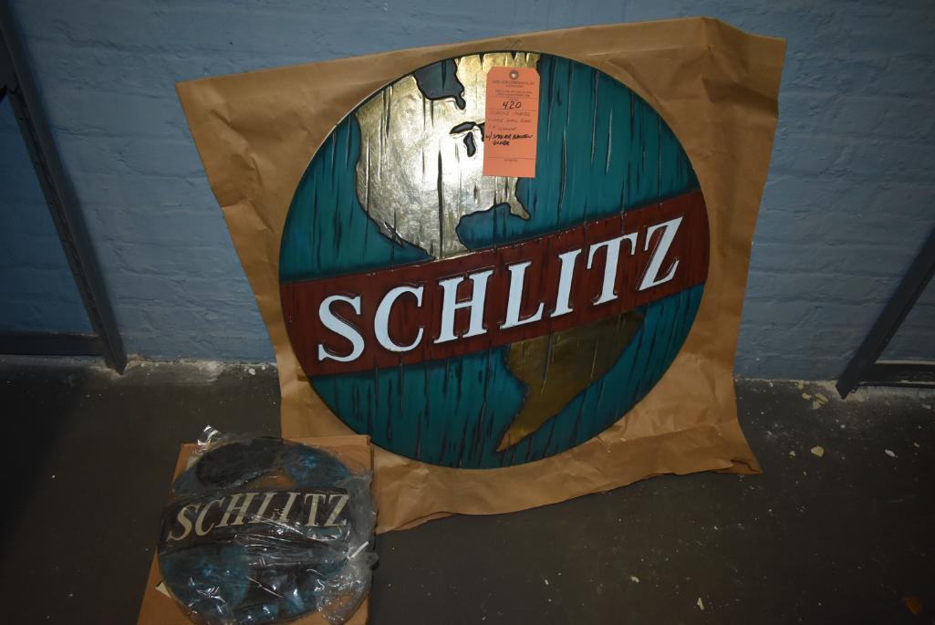 SCHLITZ PLASTIC GLOBE WALL SIGN, 29" DIAMETER WITH SMALLER BROKEN GLOBE