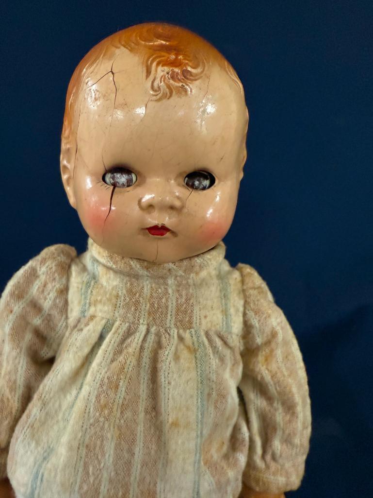 LOT OF (3) VITAGE DOLLS, LARGEST IS 24" TALL, CAMEO DOLL-18" TALL AND SMALL DOLL WITH A COMPOSITE