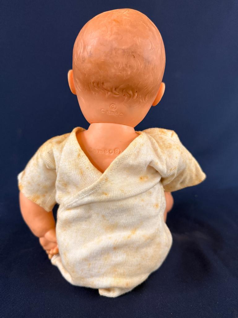 LOT OF (3) VITAGE DOLLS, LARGEST IS 24" TALL, CAMEO DOLL-18" TALL AND SMALL DOLL WITH A COMPOSITE