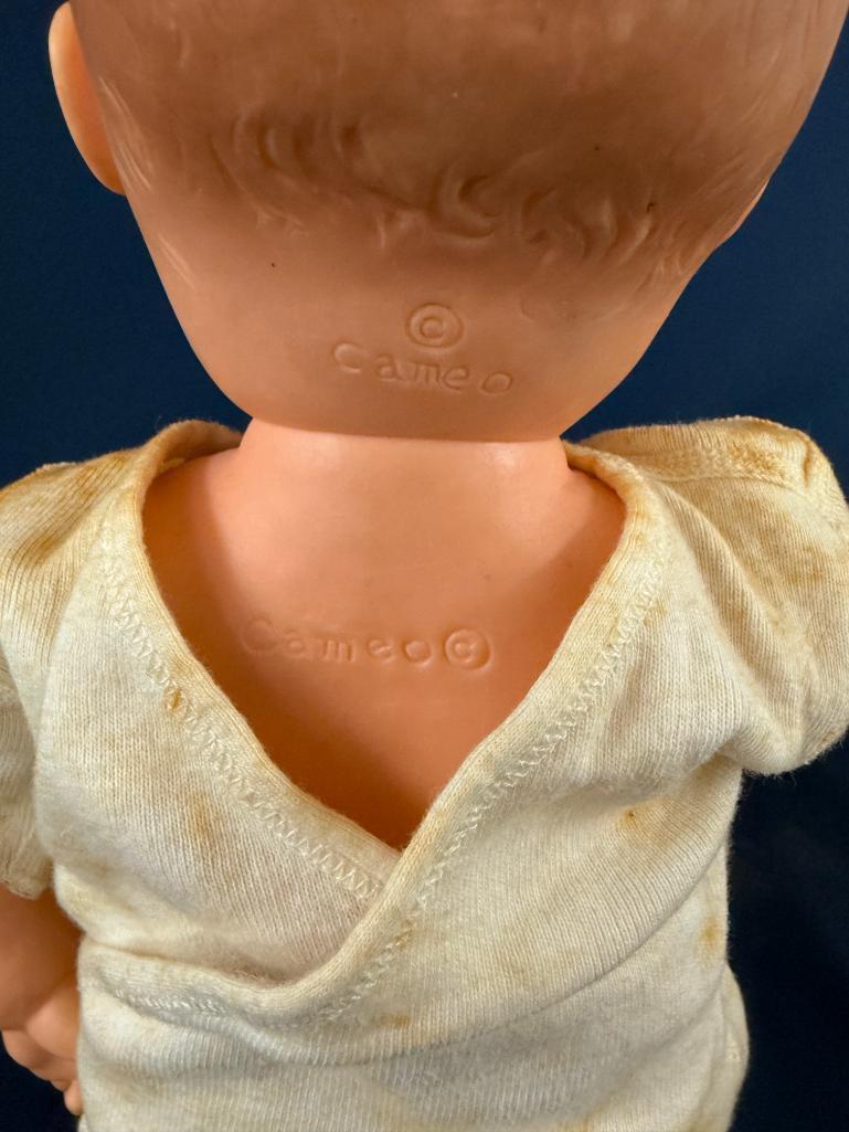 LOT OF (3) VITAGE DOLLS, LARGEST IS 24" TALL, CAMEO DOLL-18" TALL AND SMALL DOLL WITH A COMPOSITE