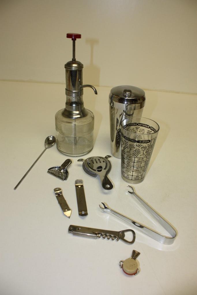 Barware set, 1950s spritzer, shaker, mixers, etc.