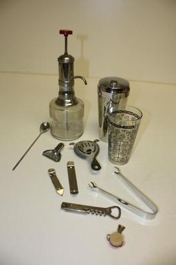 Barware set, 1950s spritzer, shaker, mixers, etc.