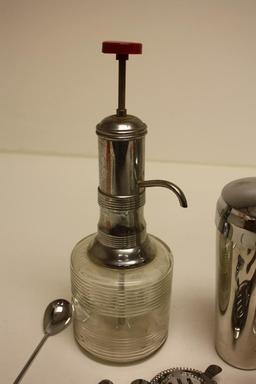 Barware set, 1950s spritzer, shaker, mixers, etc.