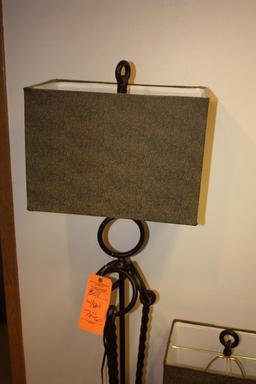 Pair Table and floor lamps, metal and material with square shades, contemporary lighting, measures