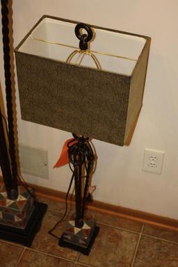 Pair Table and floor lamps, metal and material with square shades, contemporary lighting, measures