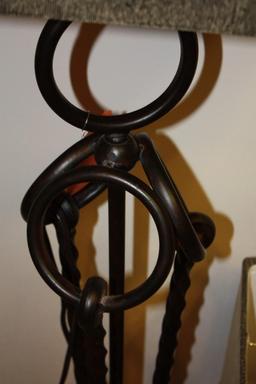 Pair Table and floor lamps, metal and material with square shades, contemporary lighting, measures