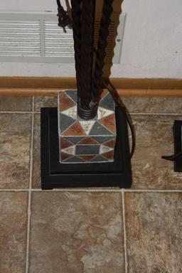 Pair Table and floor lamps, metal and material with square shades, contemporary lighting, measures