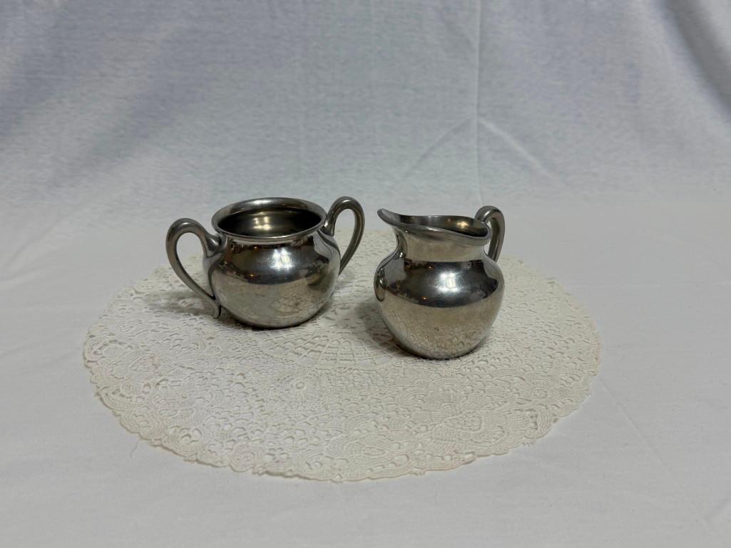 PEWTER CREAMER AND SUGAR (340) APPROX. 2.75" TALL, SUGAR- 3.5" TALL