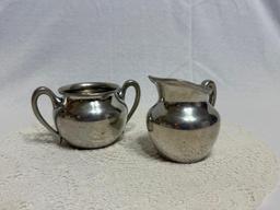 PEWTER CREAMER AND SUGAR (340) APPROX. 2.75" TALL, SUGAR- 3.5" TALL