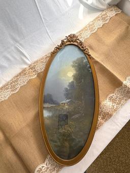 ANTIQUE PASTEL CHALK PAINTING ILLUMINATING MOON SHINING ON HOME,
