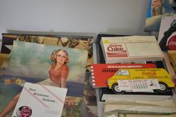 BOX WITH MISC COCA COLA SIGNS, STICKERS, BOOKS ETC.
