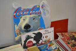 BOX WITH MISC COCA COLA SIGNS, STICKERS, BOOKS ETC.
