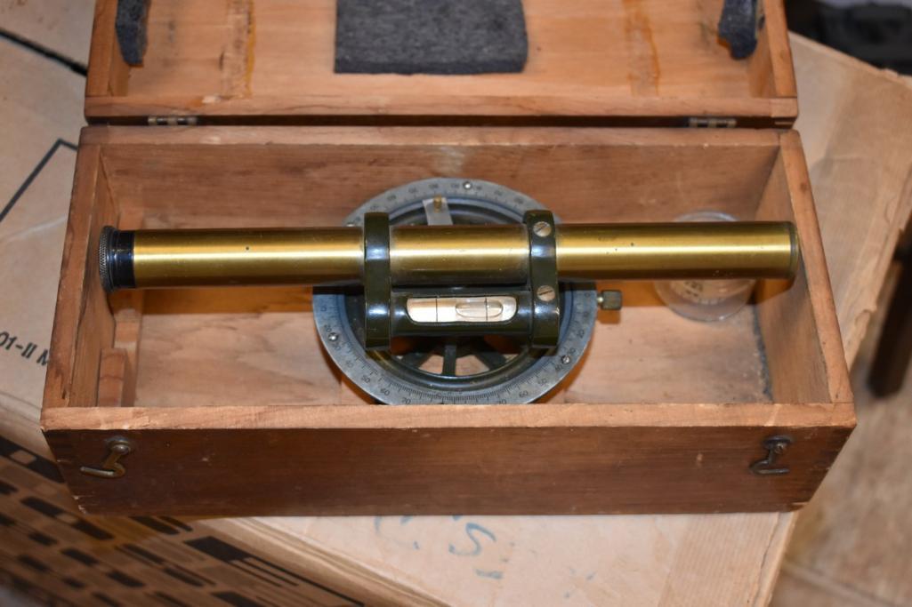 Antique Brass Survey Transit Level w/ Wooden Tripod and Antique Depth Gauge