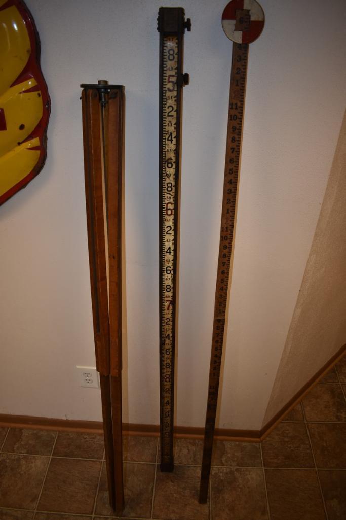 Antique Brass Survey Transit Level w/ Wooden Tripod and Antique Depth Gauge