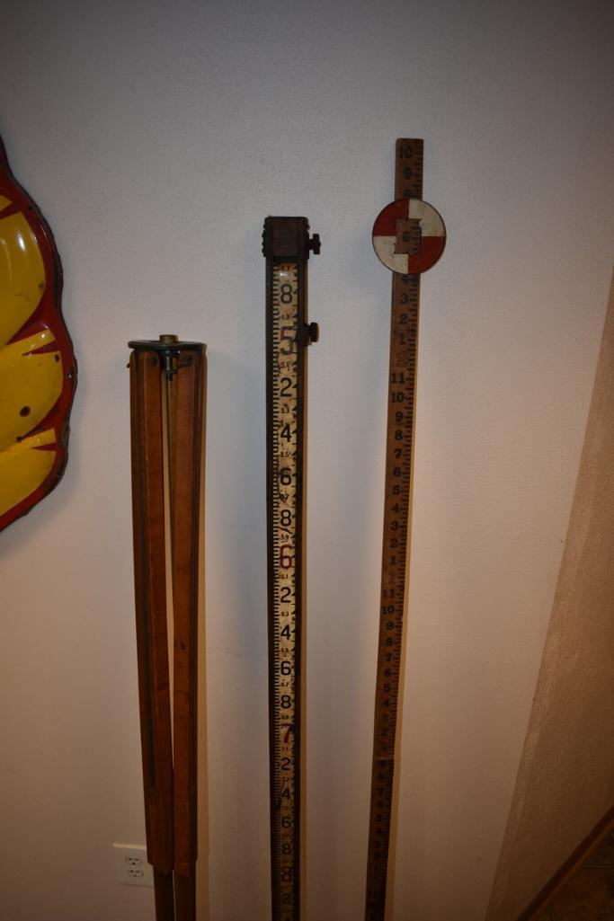 Antique Brass Survey Transit Level w/ Wooden Tripod and Antique Depth Gauge