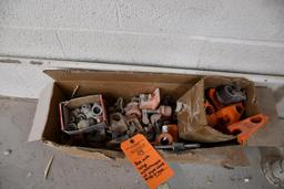 BOX WITH LARGE ASSORTMENT OF PIPE CLAMP ENDS & MISC