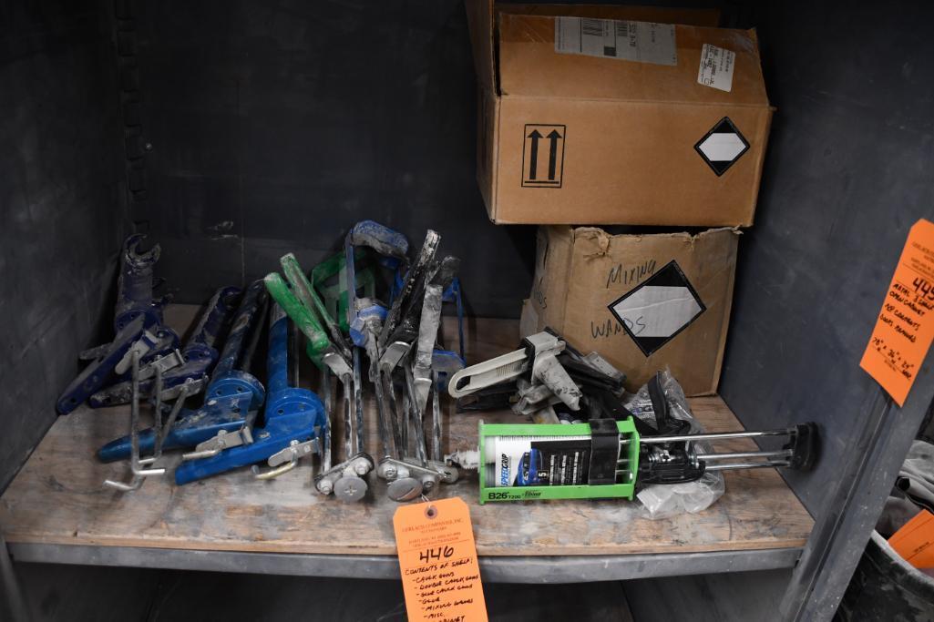 CONTENTS OF SHELF; CAULK GUNS, DOUBLE CAULK GUNS, GLUE CAULK GUNS, GLUE, ETC, NOT CABINET