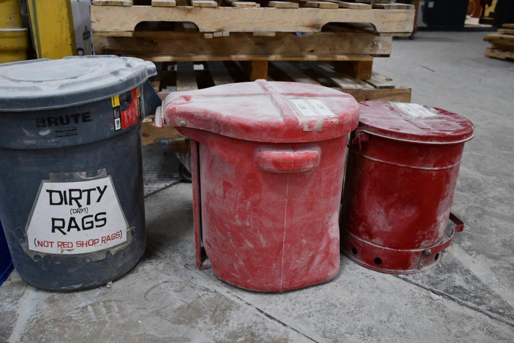 LIDDED FOOT CONTROL RED SOILED SHOP TOWEL CANS, PLASTIC AND METAL