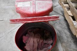 LIDDED FOOT CONTROL RED SOILED SHOP TOWEL CANS, PLASTIC AND METAL