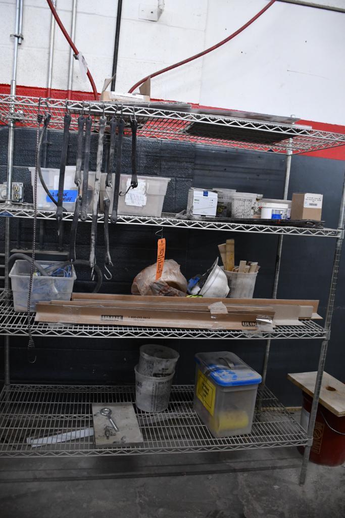 4 TIER FREEZER SHELVING, NO WHEELS, WITH CONTENTS; BUNGEE CORDS, CROW BARS, HARD HATS, ETC.