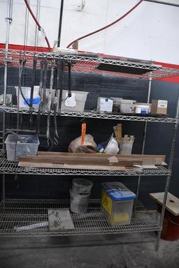 4 TIER FREEZER SHELVING, NO WHEELS, WITH CONTENTS; BUNGEE CORDS, CROW BARS, HARD HATS, ETC.