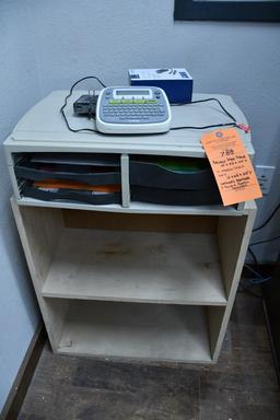 BROWN WOOD STAND 21" X 22" X 44"H, AND WOODEN SHELF UNIT 12" X 23" X 27"H INCLUDES BROTHER