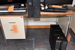 TAN METAL BASE DESK, BROWN LAMINATE TOP, 2 DRAWERS, 30" X 48"