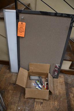 BULLETIN BOARD, DRY ERASE BOARD AND BOX WITH MARKERS AND ERASERS