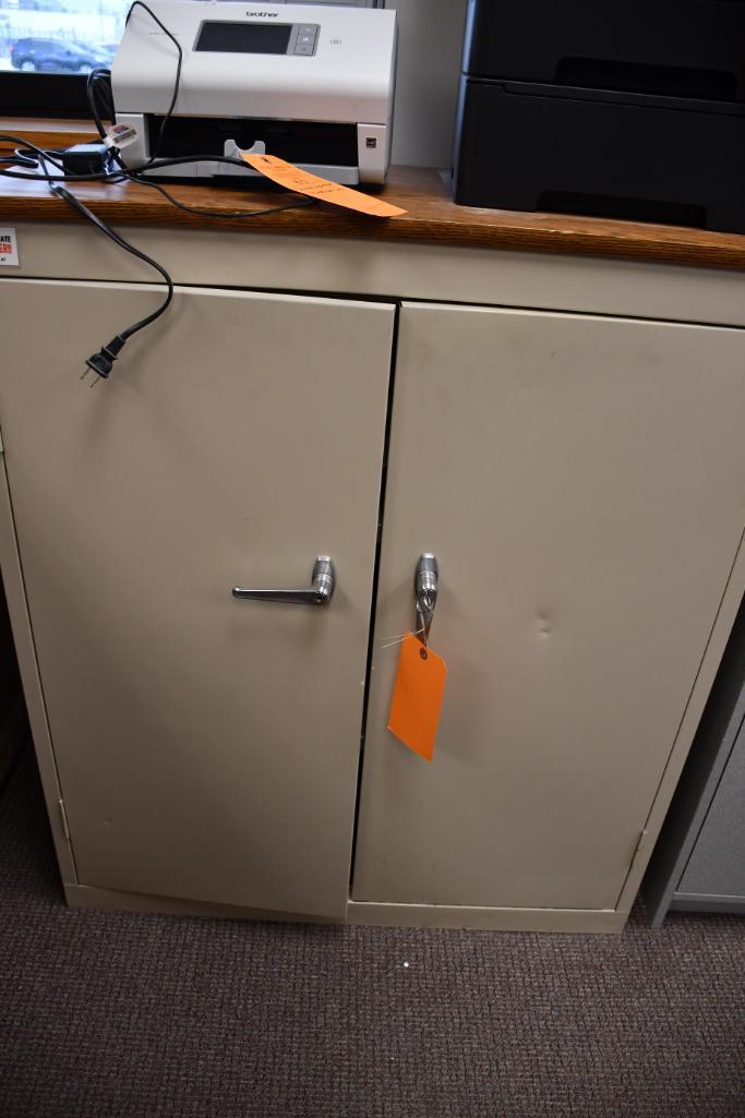 2 DOOR METAL CABINET WITH BROWN WOOD TOP, HAS KEY, 19" X 3' X 43"H