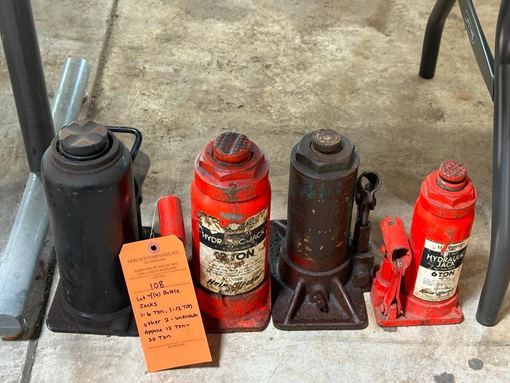 LOT W/(4) BOTTLE JACKS: (1) 6 TON, (1) 12 TON, OTHER (2) UNKNOWN, APPROX 12 TON, 20 TON